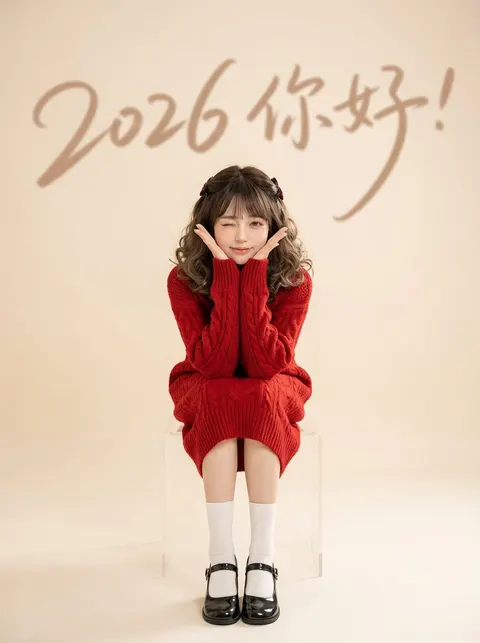 Chinese New Year Portrait with Red Knitwear and Minimalist Studio Look