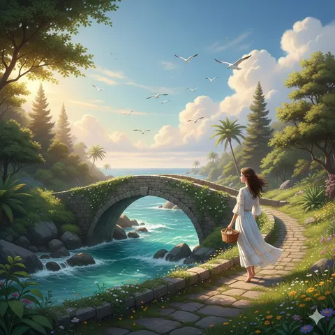 奇幻风景：少女与古桥的赛博朋克大片