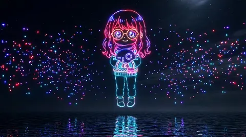 Drone Art Character Projection over Night Sea