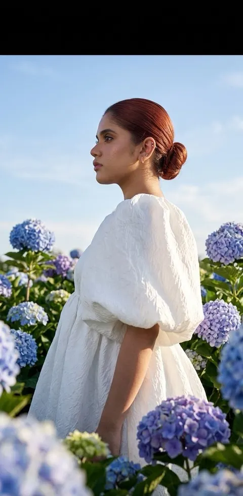 Summer fashion hydrangea field editorial