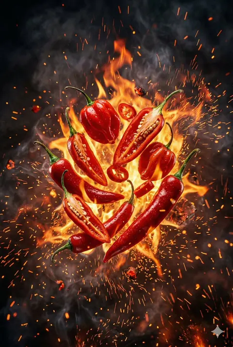 爆炸辣椒超写实美食摄影提示词