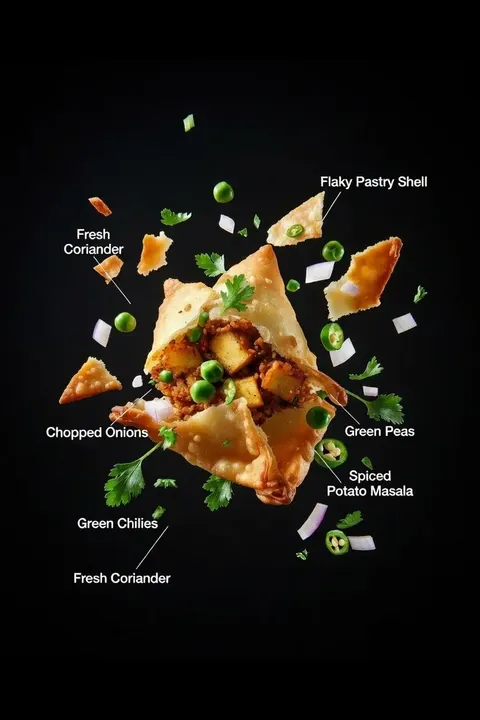 黑底悬浮炸三角饭团美食广告