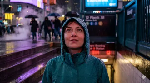 霓虹雨地铁出口电影感女性肖像