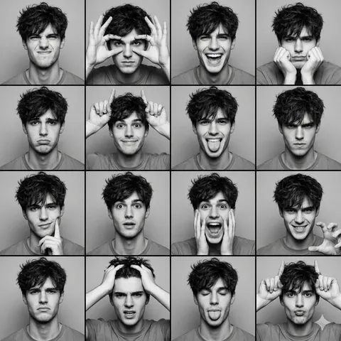 Black and White Photobooth Expression Grid (4x4)