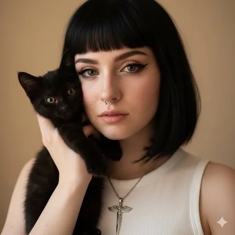 黑猫依偎的软朋克风格肖像