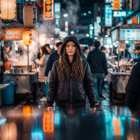赛博夜市电影感肖像