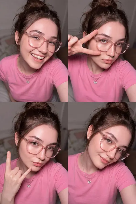 四格人像拼贴：粉光直闪妆容