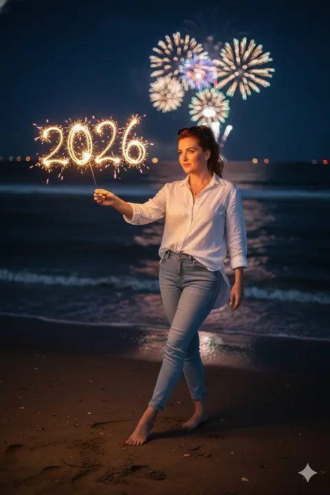 浪漫电影感 2026 年海滩夜景
