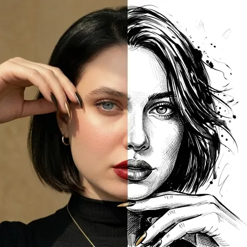 人像写实与水墨插画分割创意编辑图