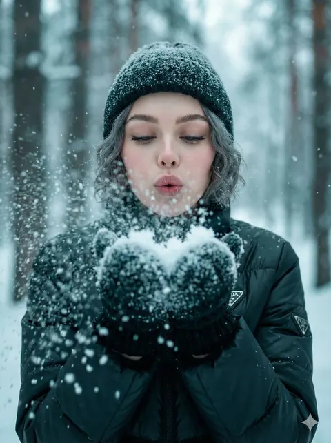 超写实冬日吹雪肖像提示词
