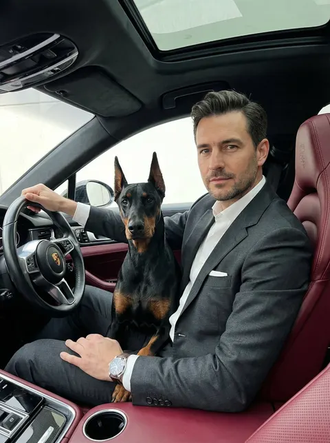 豪车与杜宾犬的奢华人像摄影