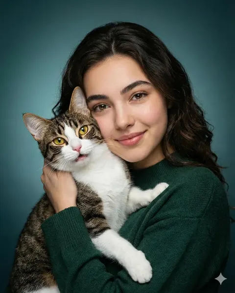 温馨女子抱猫写实肖像