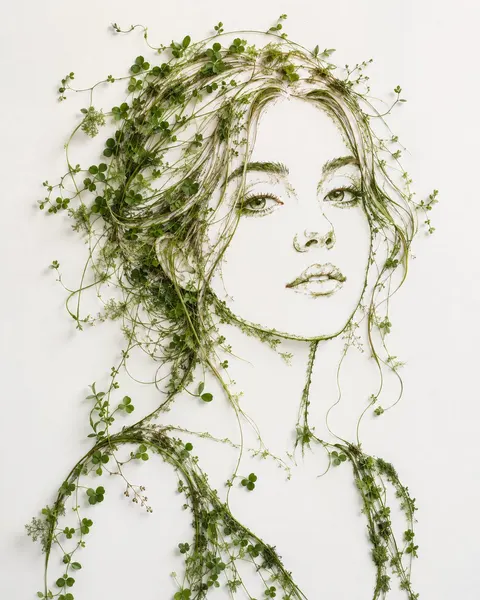 藤蔓苔藓构成的极简植物肖像画