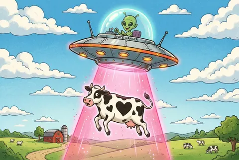 50 年代 UFO 绑架奶牛超现实图