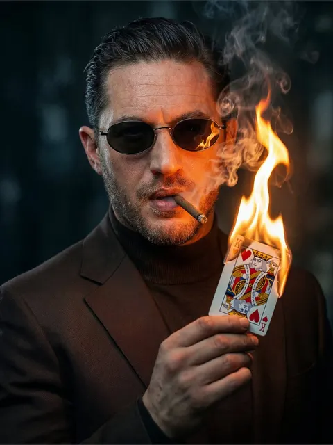 持燃烧扑克的黑帮男子