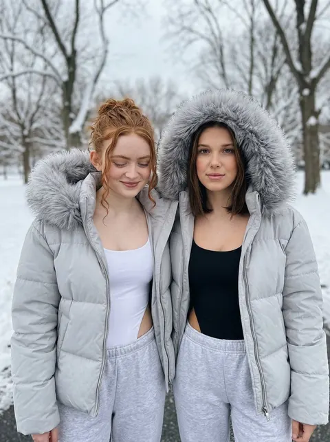 冬日街头时尚对镜自拍（Sadie Sink & Millie Bobby Brown）