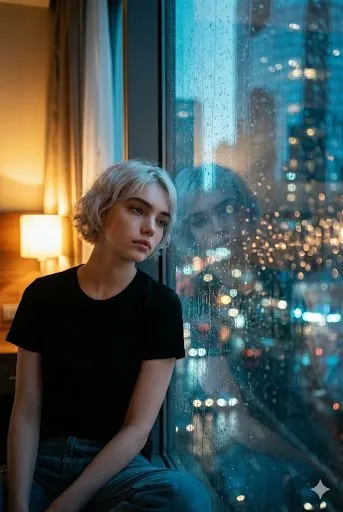 雨窗沉思电影感女性肖像