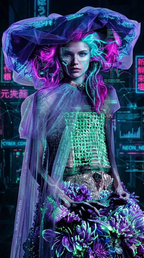 赛博朋克霓虹花卉人像