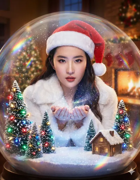 超现实人物被困于巨型圣诞雪花球
