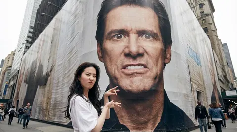 与吉姆·凯瑞风格巨幅广告牌互动的对镜自拍