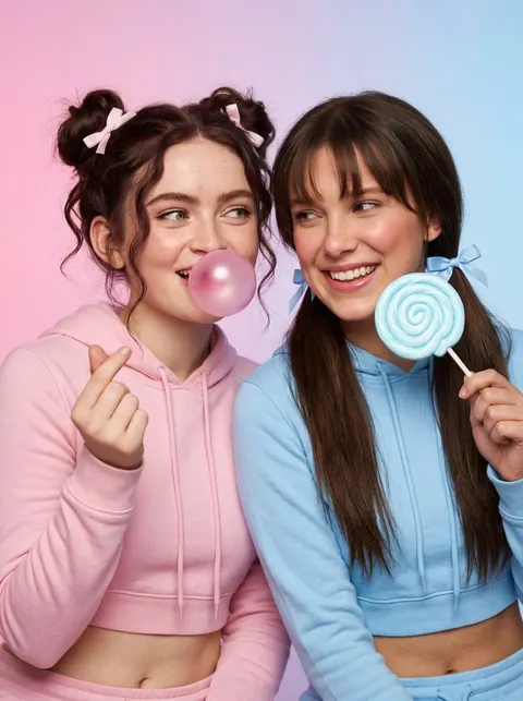 Sadie Sink 与 Millie Bobby Brown 俏皮粉彩工作室肖像