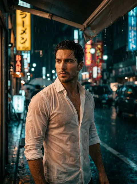 Rainy Night Cinematic Masculine Portrait