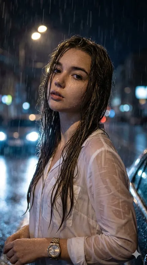 雨中电影感夜间人像特写