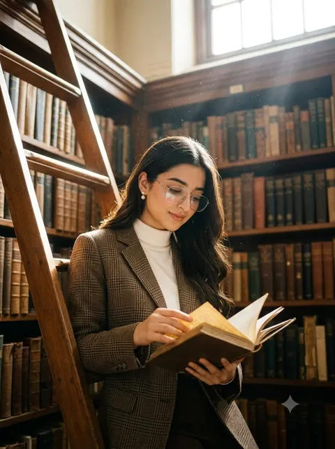 Dark academia library portrait