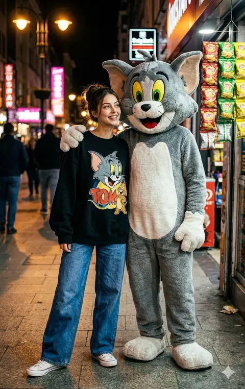 女人与猫吉祥物街头邂逅