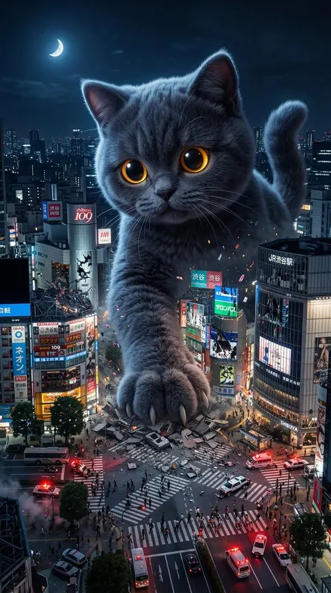 巨型毛绒怪兽猫砸碎东京