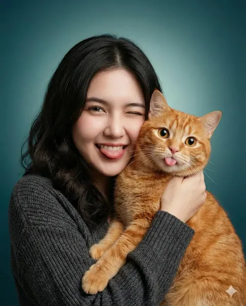 少女与橘猫的温馨影棚肖像