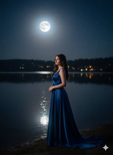 湖畔夜景浪漫人像
