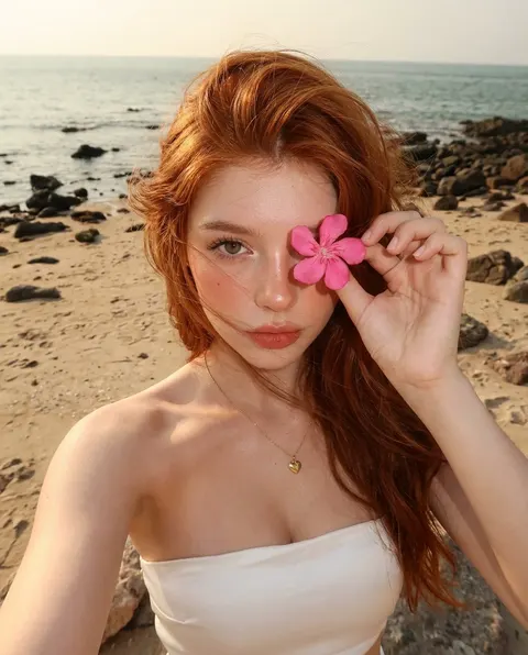 金发女子持粉花海边对镜自拍