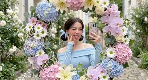 繁花环绕户外对镜自拍，梦幻浪漫人像
