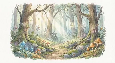 黎明魔法森林空地的水彩插画