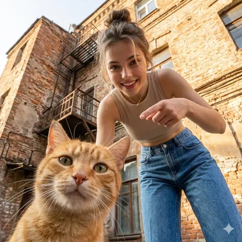 仰拍城市猫咪人像