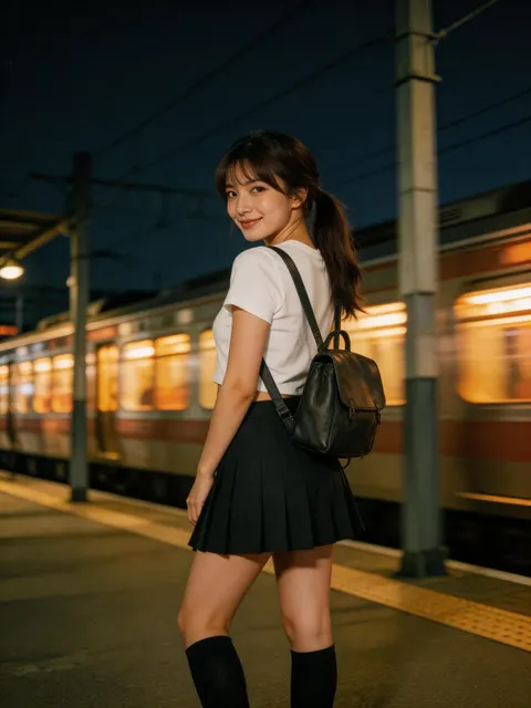 列车旁女子的电影感复古人像