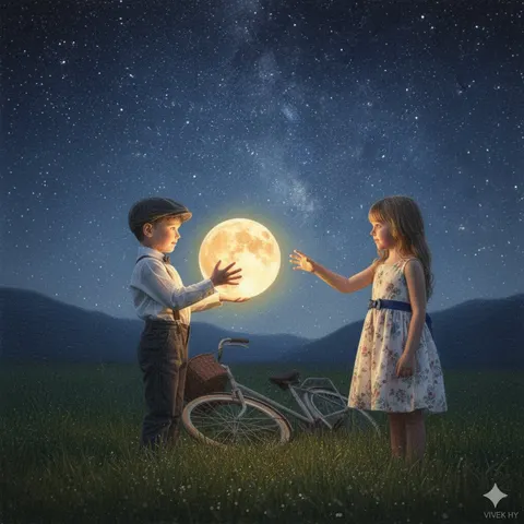 奇幻童话：孩童手持发光月亮