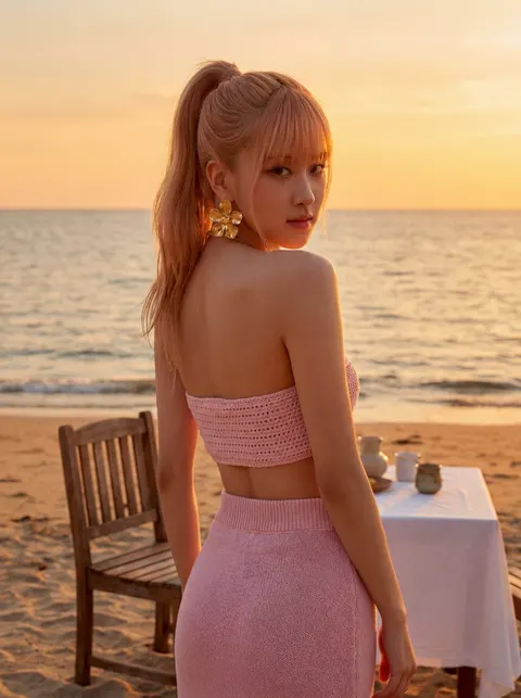 日落海滩上的 Rosé 电影感人像摄影