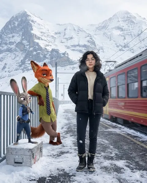 Cinematic Alpine Travel Scene with Zootopia Characters Prompt