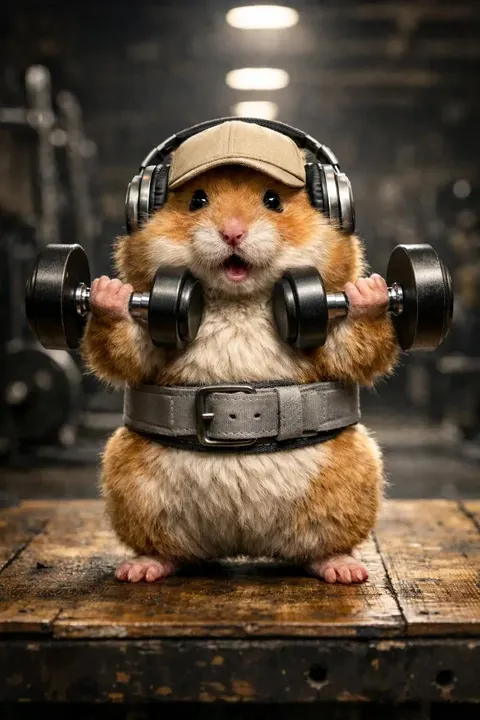 Hyper-Detailed Hamster Weightlifting Cinematic Scene