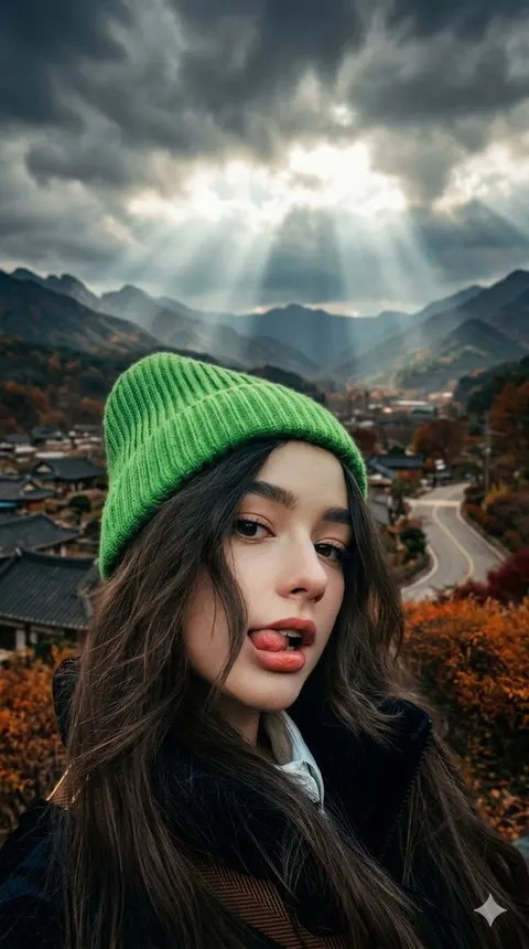 Cinematic Close-up of Woman with Neon Beanie