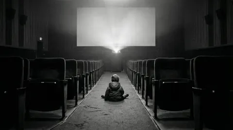 Black and White Documentary Photo of Child in Cinema